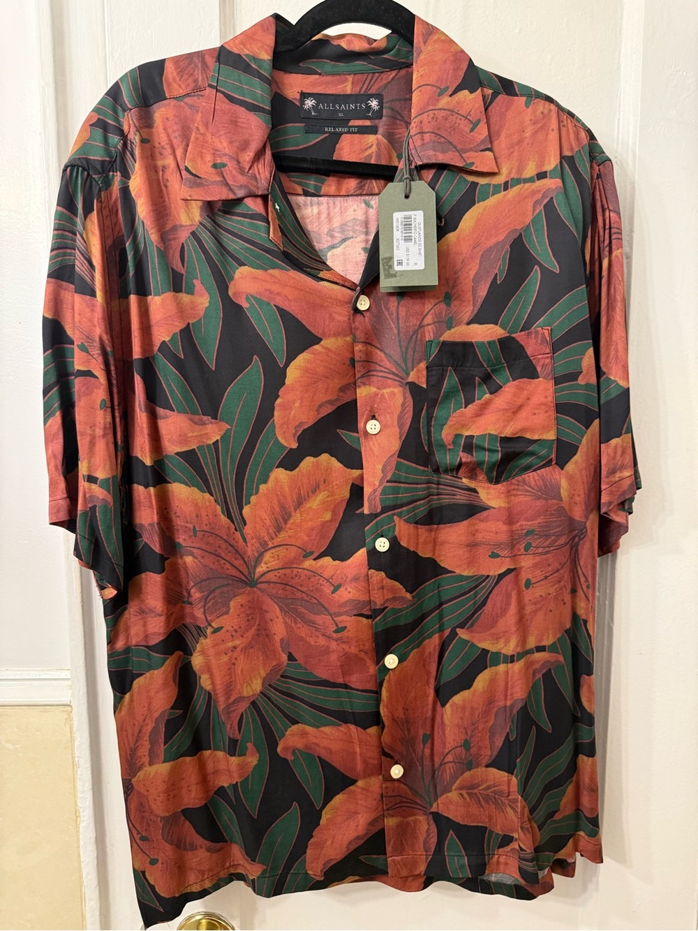 All Saints Black Button-Down Shirt with Rust Floral & Green Leaves